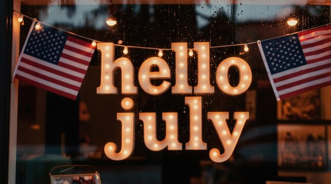 Illuminated letters spell hello july beside two American flags. Festive lights glow through window on rainy night. Seasonal shop window decoration welcomes summer holiday.