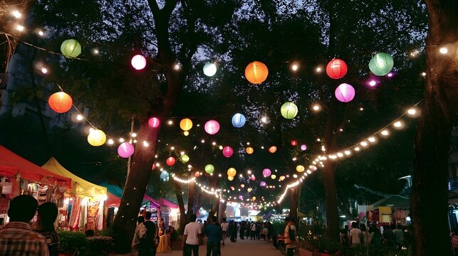 A pathway lined with trees is beautifully decorated by vibrant colorful string lights creating a magical and romantic evening atmosphere