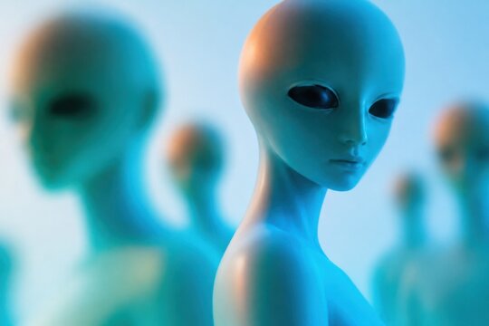 Close view of extraterrestrial humanoid during mysterious disclosure event, conceptual science fiction image about alien revelation, secret encounters, declassified information and unknown beings
