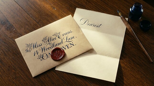 Vintage envelope with wax seal and handwritten letter on wooden table