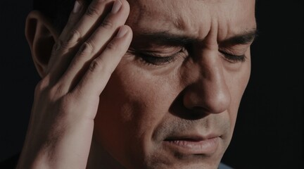 Fototapeta premium Man rubs temple, eyes closed, with furrowed brow suggesting pain or deep thought. Close up on troubled face, dark background, mood is serious and intense.