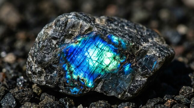 Raw labradorite mineral specimen with vibrant blue and green iridescence on dark rocky ground