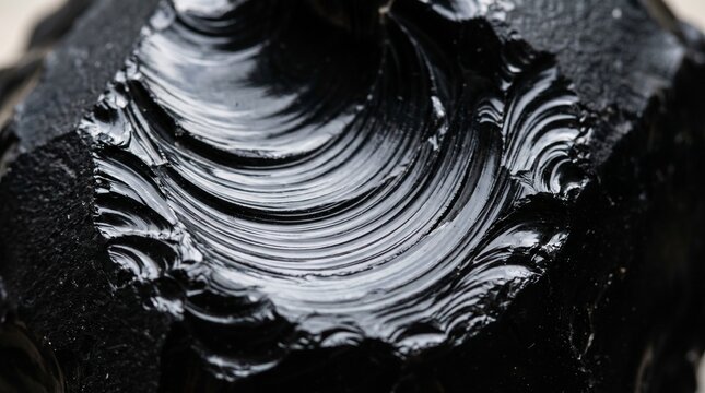 Close-Up of Raw Black Obsidian Stone Showing Glossy Conchoidal Fracture Pattern, Volcanic Glass Mineral Specimen