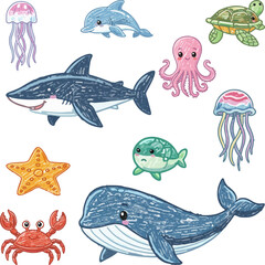 Fototapeta premium Cartoon sea animal collection with fish, dolphin, shark, octopus, whale, turtle, crab, jellyfish, and starfish underwater