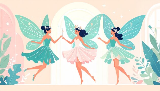 Elegant Trio of Fairies with Teal Wings in a Dreamy Pastel Illustration