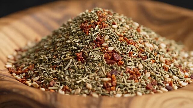 Closeup shot of a pile of mixed dried herbs and spices in a wooden bowl.