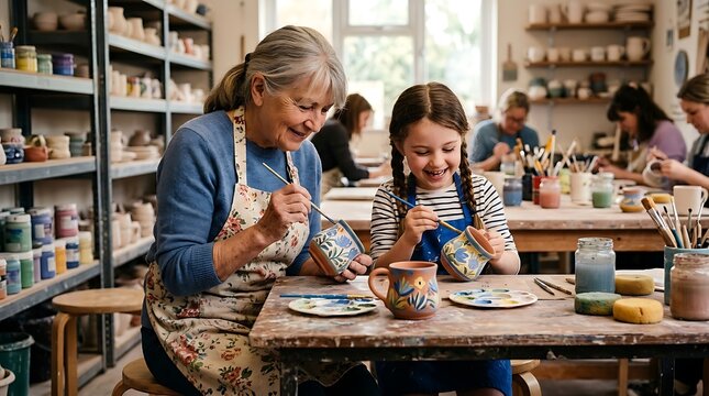 A grandmother and her granddaughter painting ceramic mugs together in a pottery studio