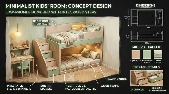 Minimalist Kids Room Concept Design with Low Profile Bunk Bed and Integrated Steps.
