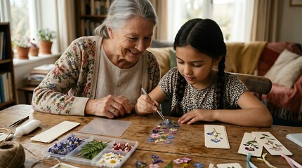 Fototapeta premium A grandmother and her granddaughter crafting with pressed flowers at a wooden table