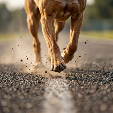 Horse galloping on wet asphalt road with splashing water droplets in motion
