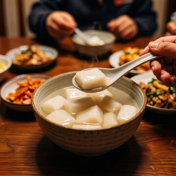Person serving creamy soup from ceramic bowl at cozy dinner table with side dishes