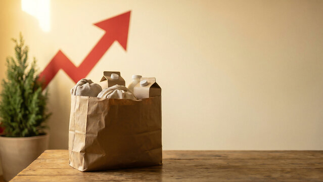 Sunlit Brown Paper Grocery Bag on Wooden Table with Red Upward Arrow and Pine Tree Toward Food Inflation Perfect for Advertising Finance Presentation