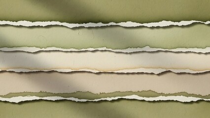 Naklejka premium Abstract background with layered torn paper strips in shades of olive green, beige, and cream, featuring rough edges and soft shadows for a textured, organic look