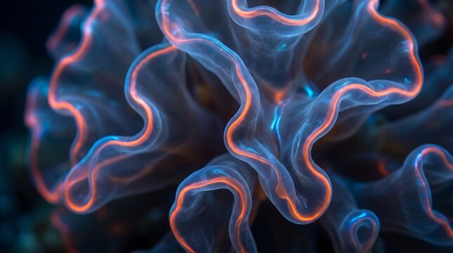 Bioluminescent marine coral close-up with glowing translucent blue ruffles and neon pink edges