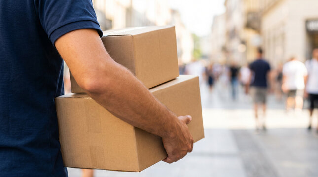  Primer plano de un repartidor irreconocible llevando cajas de cart&oacute;n por una calle peatonal de la ciudad. Concepto de servicio de entrega, log&iacute;stica y compras online