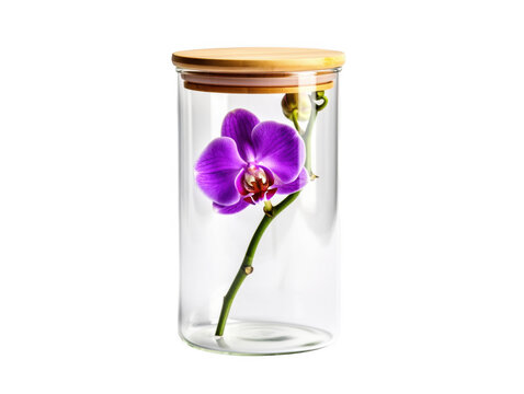 Purple orchid flower inside glass jar isolated on with botanical isolated on transparent background