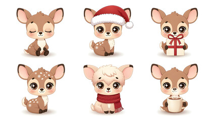 Obraz premium Cute Baby Deer Collection: A charming set of six adorable baby deer illustrations, each with large, expressive eyes, engaged in festive and heartwarming activities like wearing a Santa hat.