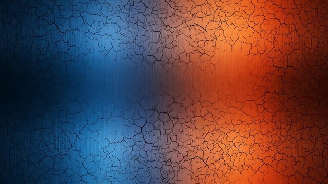 Abstract background with a cracked texture and a gradient transition from blue to orange, representing a contrast between hot and cold elements on a metallic surface
