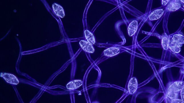 Microscopic View of Fungal Hyphae and Spindled Spores Fluorescing in Purple and Blue