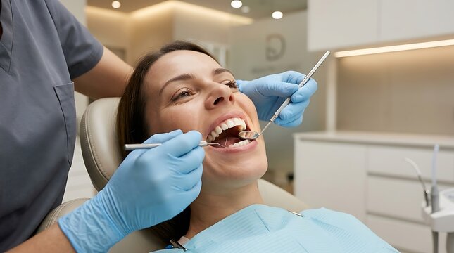 Close-up of a woman receiving dental treatment from a dentist using medical instruments in a modern dental clinic with bright lighting