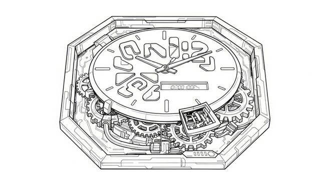 Technical Line Art Drawing of a Mechanical Clock with Exposed Gears and Abstract Numbers, Detailed Time Mechanism Diagram