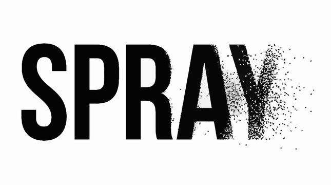 Black text spray paint effect with particle dispersion on white background