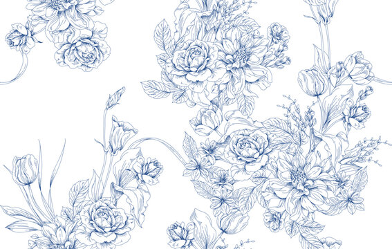 Seamless toile flower pattern in vector. Hand draw vintage floral pattern