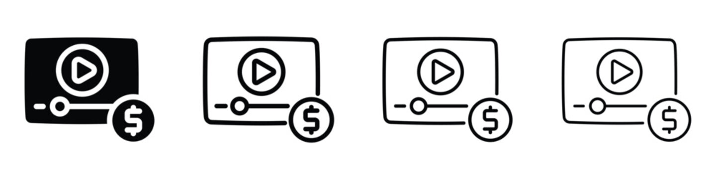 Video player icon with dollar sign symbolizing monetization and online earnings