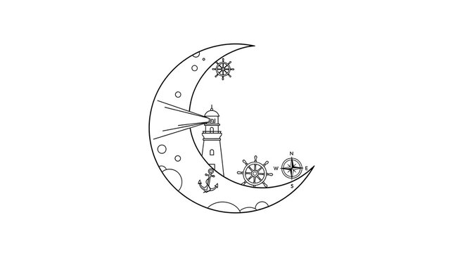 Whimsical crescent moon with lighthouse, nautical ship wheel, compass, and anchor line art illustration. Celestial navigation concept.
