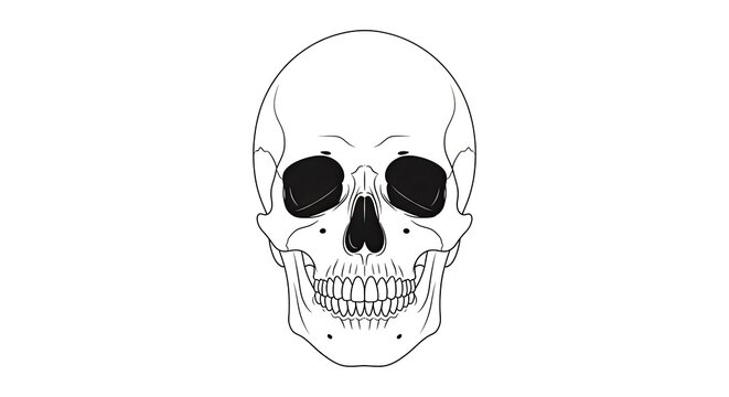 Front view of a human skull line art illustration. Black and white minimalist anatomical design for medical, Halloween, or vintage themes.