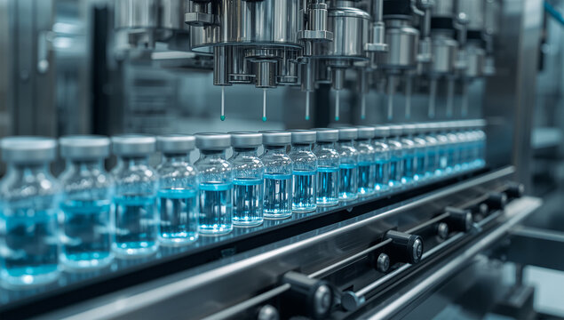 無人の製薬ラインでワクチン瓶が自動充填されている