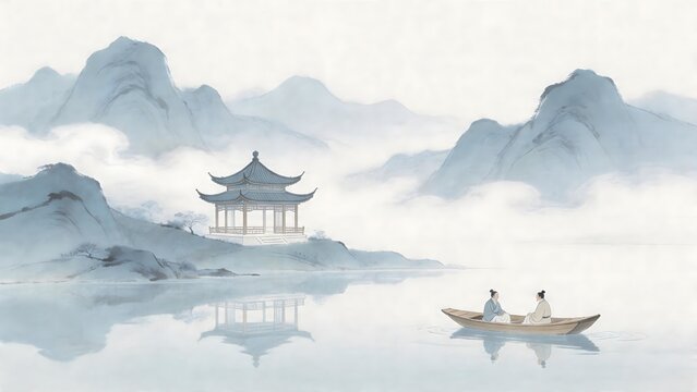 Two people in a boat near a pavilion