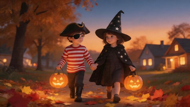 Children in Halloween costumes walking