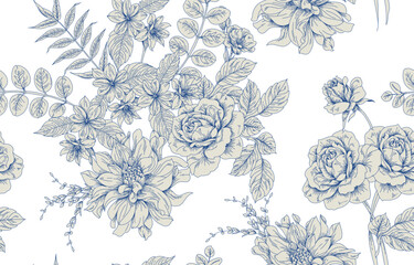 Seamless toile flower pattern in vector. Hand draw vintage floral pattern