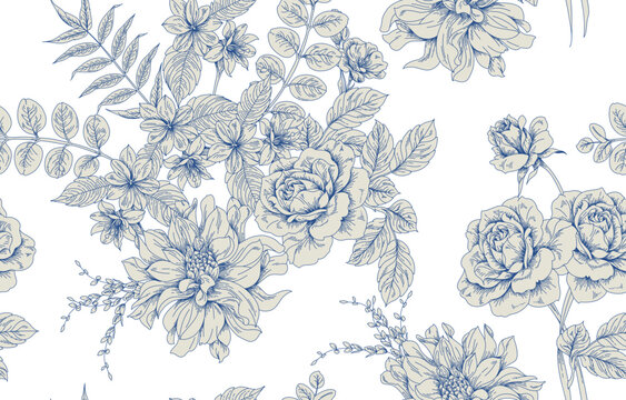 Seamless toile flower pattern in vector. Hand draw vintage floral pattern