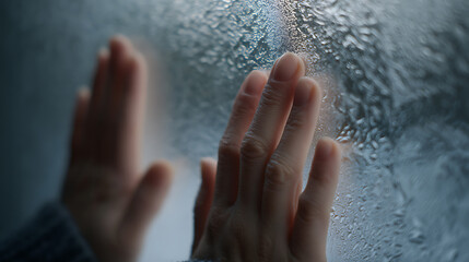 Fototapeta premium Human hands press against a cold, condensation-covered window pane during a dark, rainy day, evoking feelings of sadness and introspection