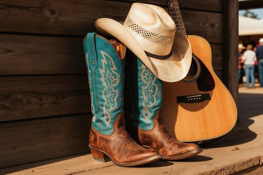 Cowboy boots and hat lean against wooden wall. Acoustic guitar rests nearby. Ranch setting with sunlit outdoor country music festival atmosphere. People blurred in background.