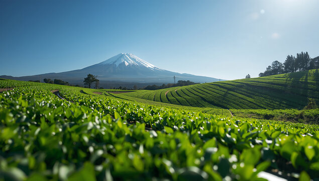 春の茶畑の向こうに雪の富士山がそびえる日本の里山風景写真