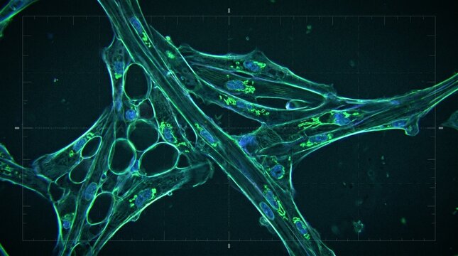 Fluorescence microscopy of cellular structure showing cytoskeleton actin filaments and nuclei under scientific analysis