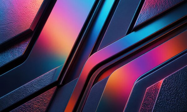 Abstract geometric background with vibrant neon light reflections and glossy surface texture