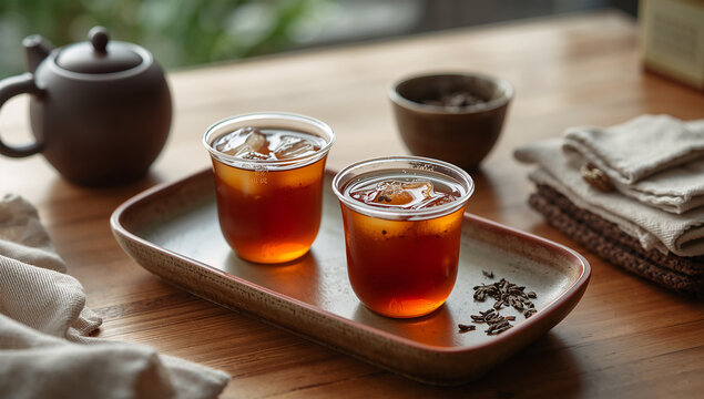木の机に冷たいほうじ茶と茶葉を並べた和風の飲み物写真