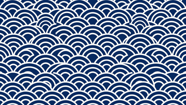 Vibrant Elegant Seamless Tileable Japanese Seigaiha Wave Pattern in Navy Blue and White Traditional Motif Perfect for Banner Advertising Presentation Background and Packaging Design