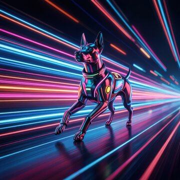 Futuristic robot dog running in neon cyberpunk city with light trails at night