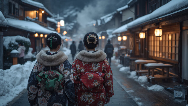 雪の温泉街を羽織姿で歩く日本人女性二人の冬旅