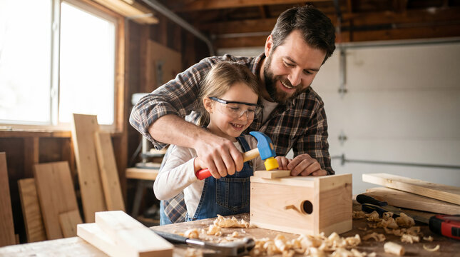 Smiling father teaching his little daughter how to build a wooden birdhouse using a toy hammer in a home garage carpentry workshop.