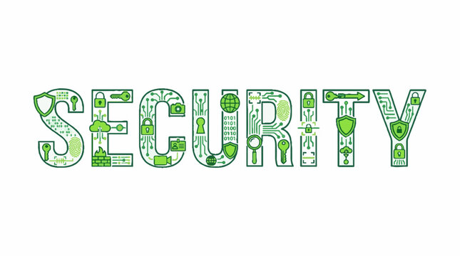 Security word typography with digital technology and cyber protection icons in green line art style on white background