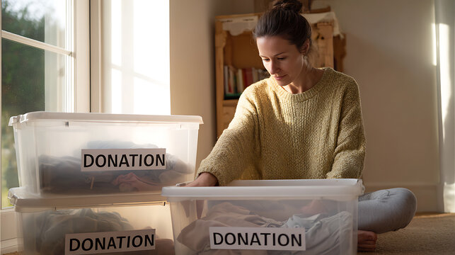 Woman organizes items for charity, carefully sorting through clothing in clear donation bins at home, preparing for contribution and community support