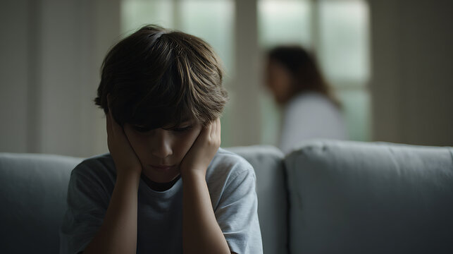 Young Child Sits Alone on Sofa, Head in Hands, Appearing Sad and Upset with a Blurred Adult Figure in the Background at Home