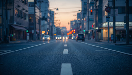Fototapeta premium 夕暮れの街路と車の光がぼける都会的な背景