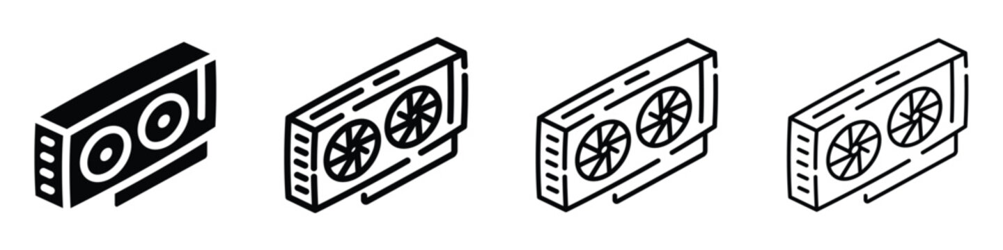 Computer graphics card with dual fans for cooling, isometric icon set